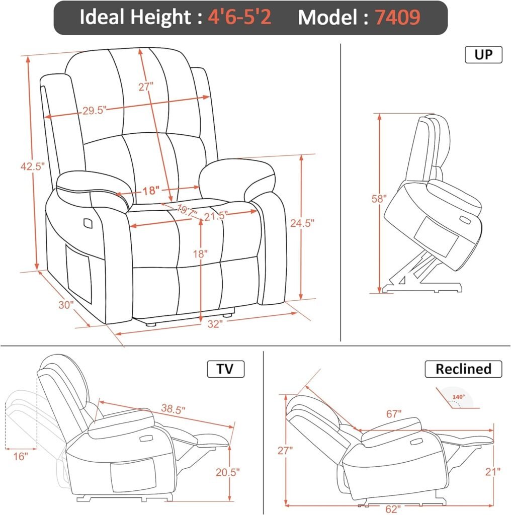 MCombo Small Power Lift Recliner Chair Sofa with Massage and Heating for Elderly People, 3 Positions, 2 Side Pockets, USB Ports, Faux Leather 7409 (Black, Small)