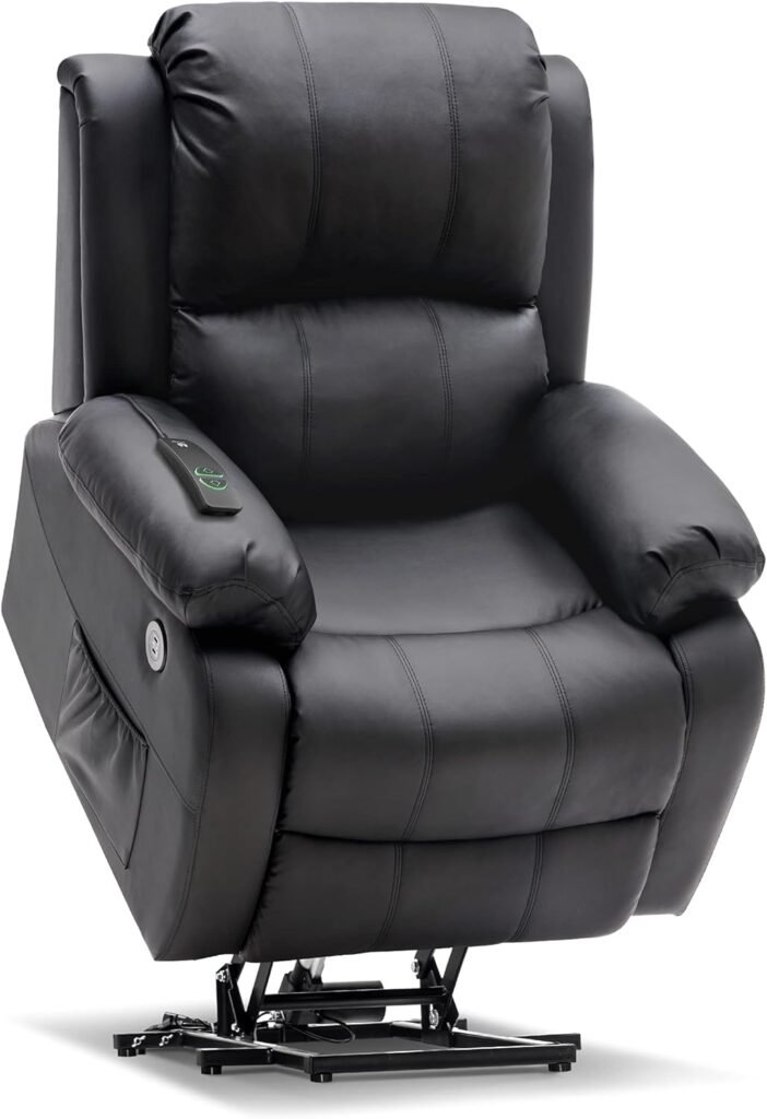 MCombo Small Power Lift Recliner Chair Sofa with Massage and Heating for Elderly People, 3 Positions, 2 Side Pockets, USB Ports, Faux Leather 7409 (Black, Small)