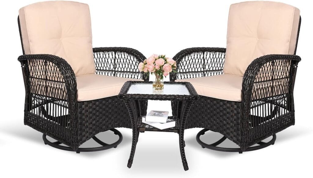 MEETWARM 3 Pieces Outdoor Wicker Swivel Rocker Patio Set, Rocking Chairs Rattan Patio Furniture Sets with Thickened Cushion and Glass-Top Coffee Table, Conversation Bistro Set for Porch (Dark Brown)