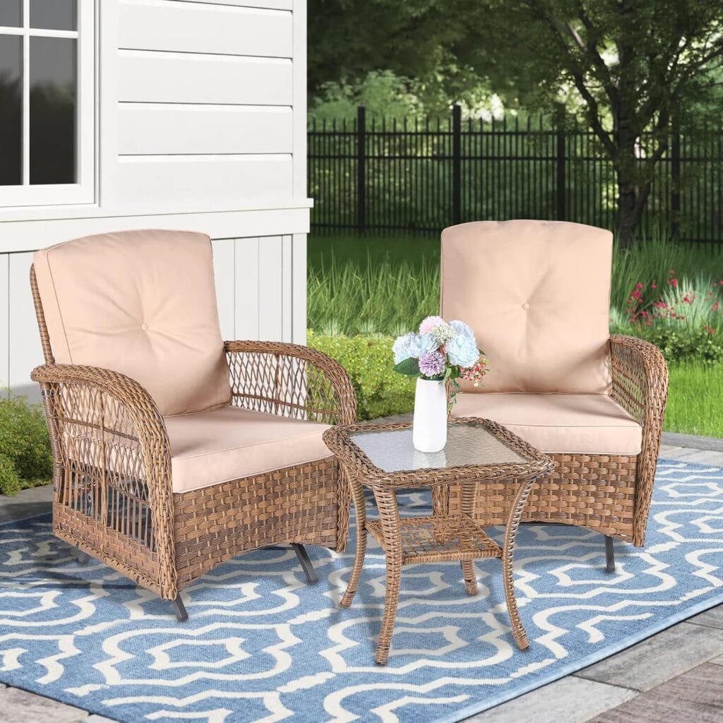 MEETWARM 3 Pieces Outdoor Wicker Swivel Rocker Patio Set, Rocking Chairs Rattan Patio Furniture Sets with Thickened Cushion and Glass-Top Coffee Table, Conversation Bistro Set for Porch (Dark Brown)