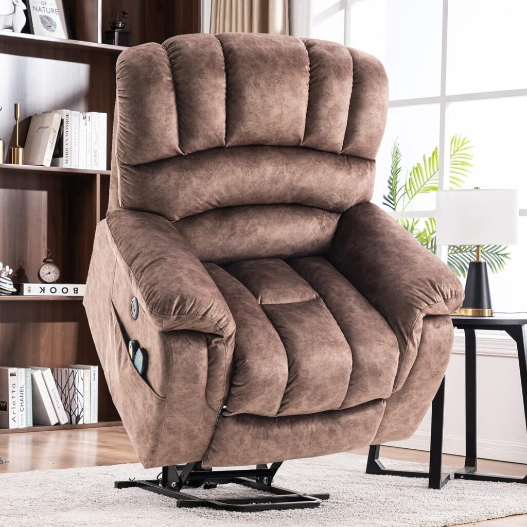 MEETWARM Large Power Lift Electric Recliner Chair with Massage and Heat, Overstuffed Wide Recliner for Elderly Big People, Plush Fabric Recliners with 2 Remote Controls, USB Ports, Side Pockets（Brown）