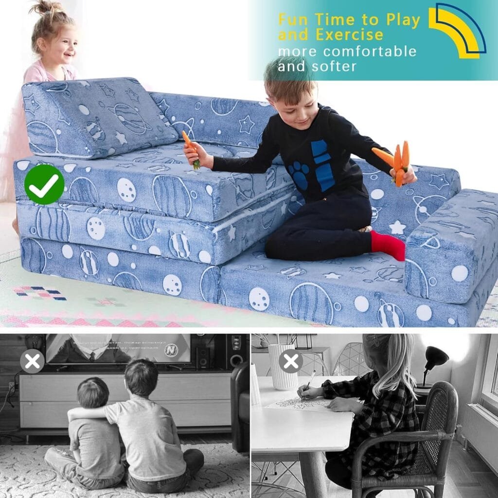 MeMoreCool 10-Piece Kids Couch Sofa, Modular Toddler Couch Glow Sofa for Playroom Bedroom, Fold Out Couch Play Couch for Kid Girl Boy, Kids Convertible Sofa Sectional Foam Playset Couch Set, Dino