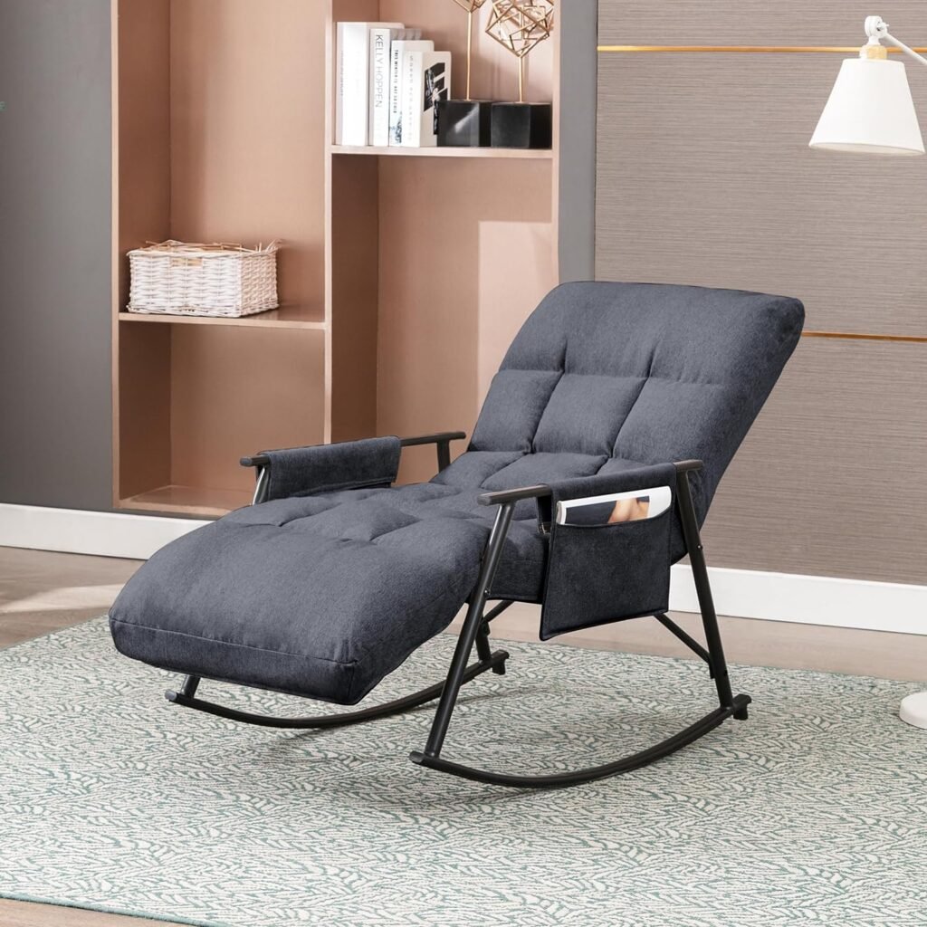 Mjkone Rocking Chair, Modern Adjustable Rocking Chair Nursery, Stylish Rocking Armchair Lounge Sofa Chair, Lie or Sleep Lazy Chair Glider Chair for Living Room/Bedroom/Balcony/Courtyard, Dark Grey