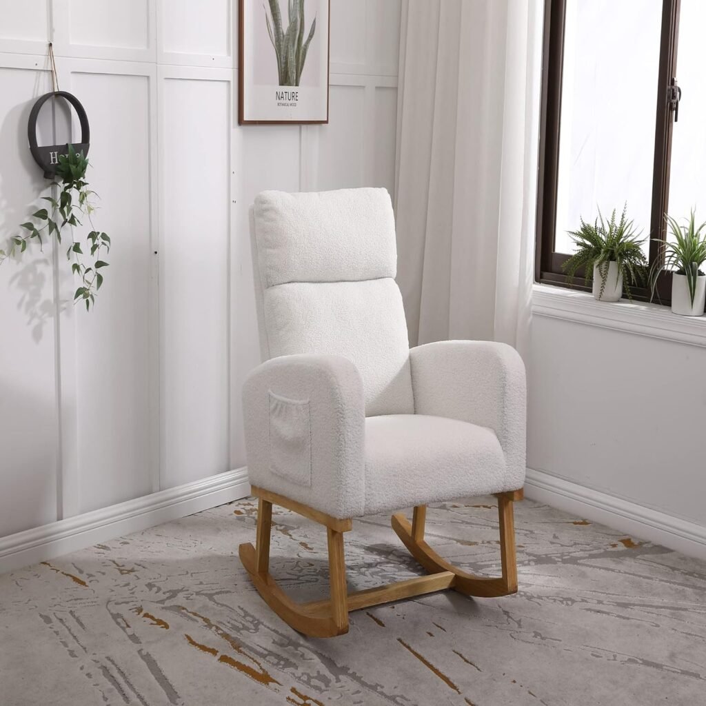 Modern Accent Rocking Chair Lounge Armchair for Living Room Upholstered Kids Glider in Beige Teddy Material Comfort Arm Rocker for Infants and Children