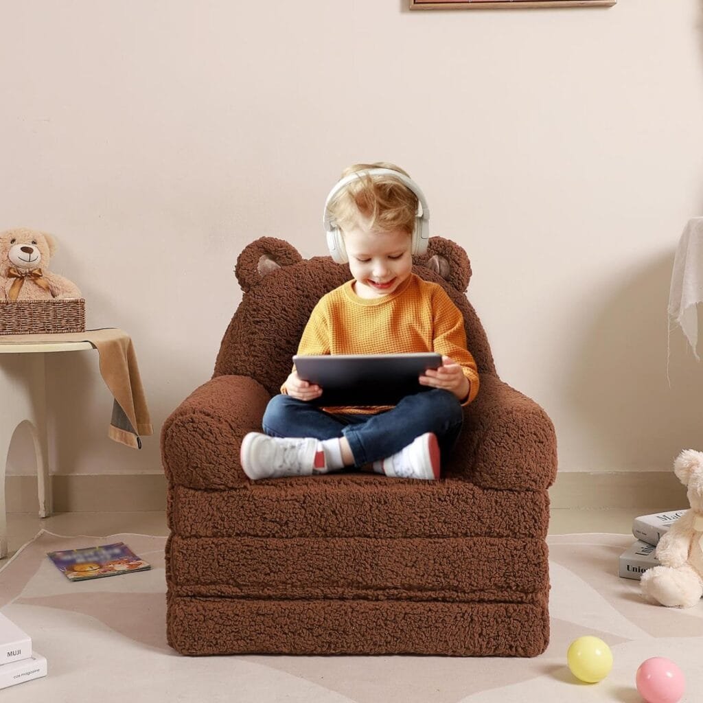 MOMCAYWEX Foldable Kids Sofa, Sherpa Teddy Bear Toddler Couch with Tri Folding Foam Cushions, Comfy Kids Couch for Kids Age 3-6