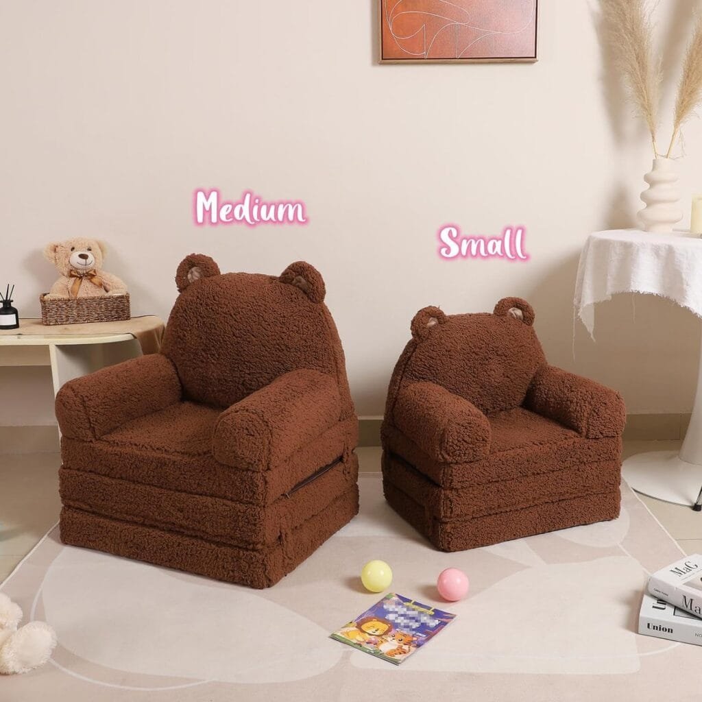 MOMCAYWEX Foldable Kids Sofa, Sherpa Teddy Bear Toddler Couch with Tri Folding Foam Cushions, Comfy Kids Couch for Kids Age 3-6