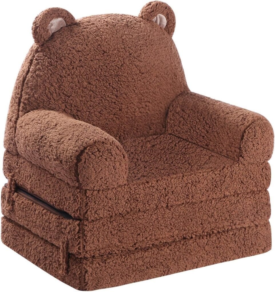 MOMCAYWEX Foldable Kids Sofa, Sherpa Teddy Bear Toddler Couch with Tri Folding Foam Cushions, Comfy Kids Couch for Kids Age 3-6