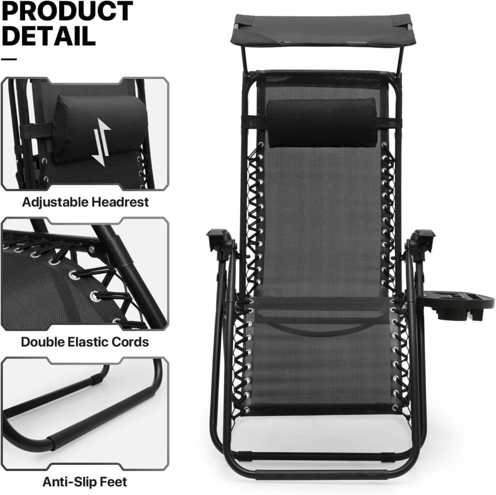 MoNiBloom 2 PCS Zero Gravity Chairs Folding Outdoor Recliner Patio Beach Lounge Chairs with Canopy Shade, Headrest and Side Tray, Breathable Cool Mesh, 330lbs Capacity, Black