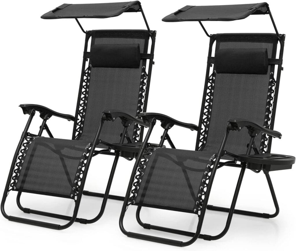 MoNiBloom 2 PCS Zero Gravity Chairs Folding Outdoor Recliner Patio Beach Lounge Chairs with Canopy Shade, Headrest and Side Tray, Breathable Cool Mesh, 330lbs Capacity, Black