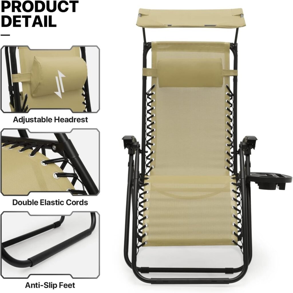 MoNiBloom Patio Zero Gravity Chair Set for 2 Outdoor Recliner Lounger with Canopy Shade and Foot Rest, Cup Holder, 330lbs Capacity, Cream