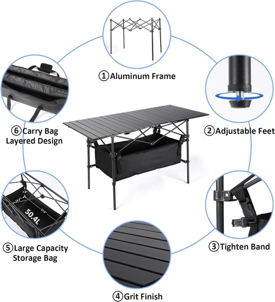 Moosinily Camping Table 4Ft Folding Table with 54 L Storage Bag Tighten Band Folding Picnic Table Aluminum Roll up Table Folding Camp Table for Outdoor Beach Grill BBQ Travel Black