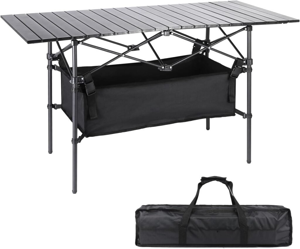 Moosinily Camping Table 4Ft Folding Table with 54 L Storage Bag Tighten Band Folding Picnic Table Aluminum Roll up Table Folding Camp Table for Outdoor Beach Grill BBQ Travel Black