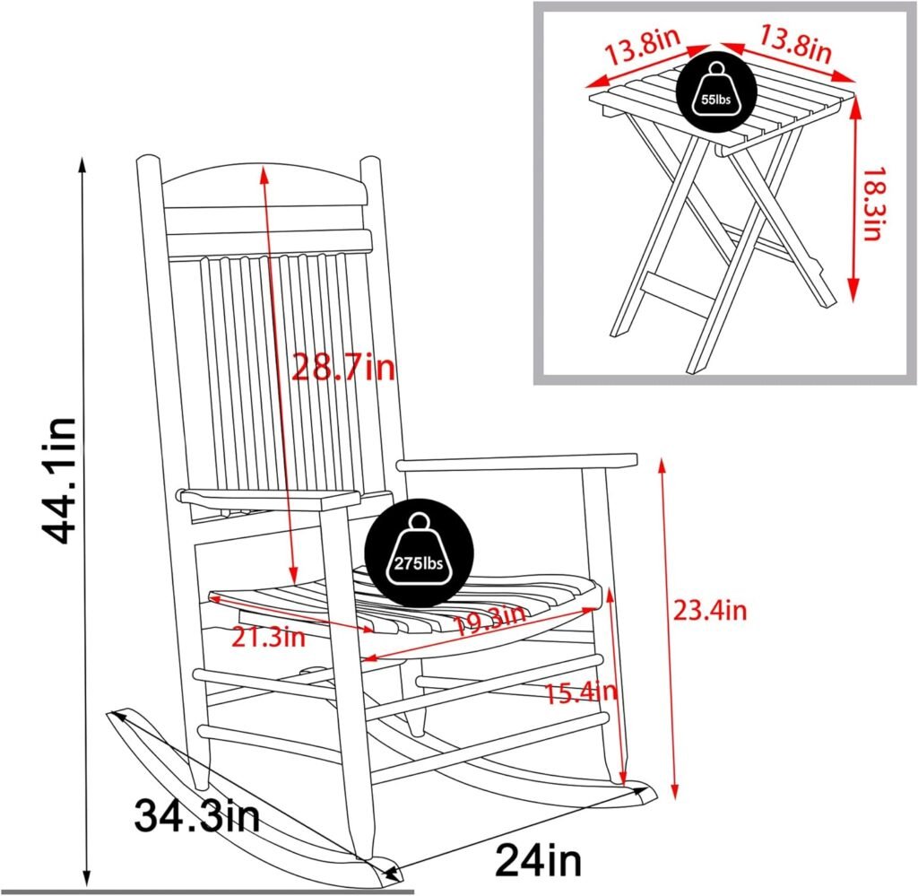 MUPATER Wooden Rocking Chairs for Outside Set of 2, Outdoor Chaise Longue,Front Porch Furniture with Foldable Table for Garden,Patio, Black