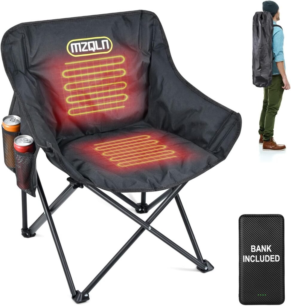 MZQLN Heated Camping Chair with Battery Pack, 3 Heat Levels Portable Heated Folding Chairs with Cup Holder, Travel Bag Ideal for Outdoor Sports, Camping, Patio, and Picnics, Supports 400 lbs