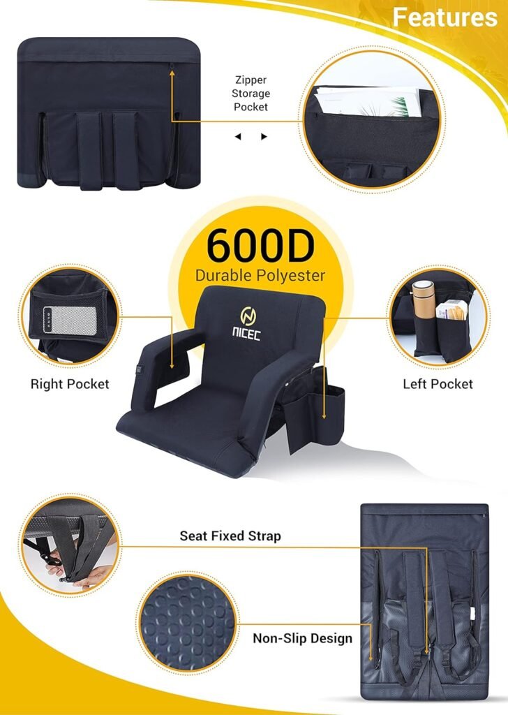 Nice C Heated Stadium Seats, Floor Chair, Bleacher Chairs, 5 Reclining Positions Waterproof Cushion, Ultralight, Foldable, Extra Thick Padding, with Shoulder Straps  Net Pockets (Two Black)