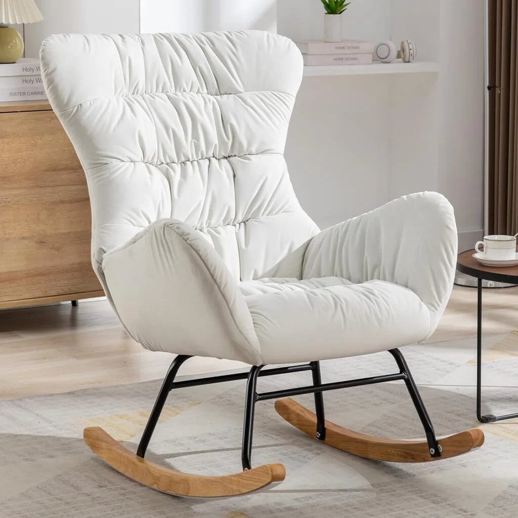 NIOIIKIT Nursery Rocking Chair, Velvet Upholstered Glider Rocker, Rocking Accent Chair with High Backrest, Comfy Rocking Accent Armchair for Living Room, Bedroom, Offices (Ivory Velvet)