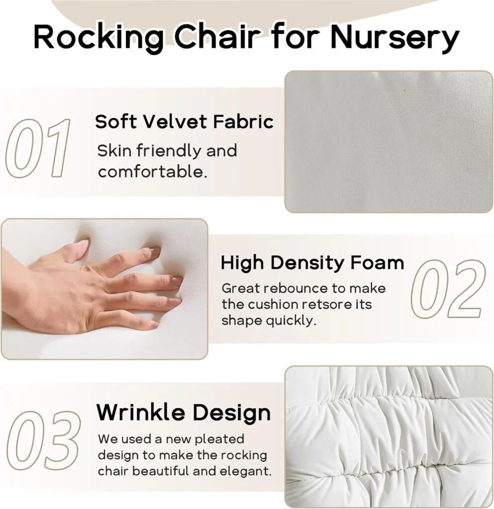 NIOIIKIT Nursery Rocking Chair, Velvet Upholstered Glider Rocker, Rocking Accent Chair with High Backrest, Comfy Rocking Accent Armchair for Living Room, Bedroom, Offices (Ivory Velvet)