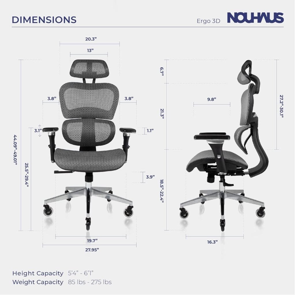 Nouhaus Ergo3D Ergonomic Office Chair - Rolling Desk with 4D Adjustable Armrest, 3D Lumbar Support and Blade Wheels Mesh Computer Chair, Chairs, Executive Swivel (Blue)