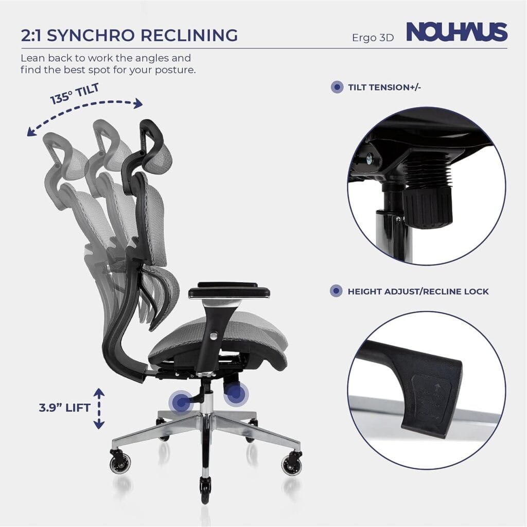 Nouhaus Ergo3D Ergonomic Office Chair - Rolling Desk with 4D Adjustable Armrest, 3D Lumbar Support and Blade Wheels Mesh Computer Chair, Chairs, Executive Swivel (Blue)