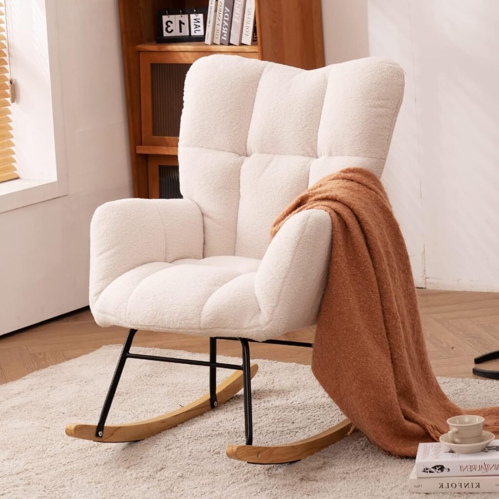 Nursery Rocking Chair Teddy Fabric Padded Seat with High Backrest and Armrest Accent Chair Upholstered Armchair Single Sofa Accent Glider Rocker for Living Room Bedroom Offices (Ivory Teddy)