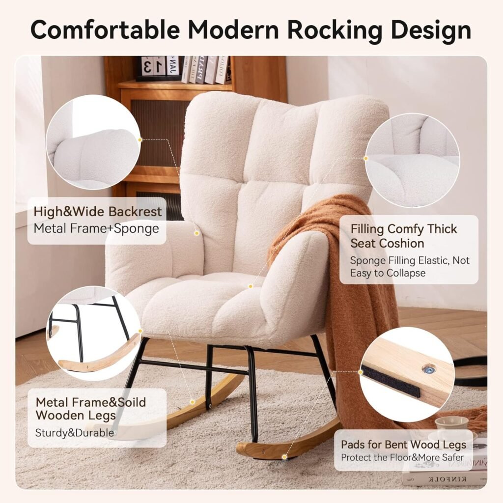 Nursery Rocking Chair Teddy Fabric Padded Seat with High Backrest and Armrest Accent Chair Upholstered Armchair Single Sofa Accent Glider Rocker for Living Room Bedroom Offices (Ivory Teddy)