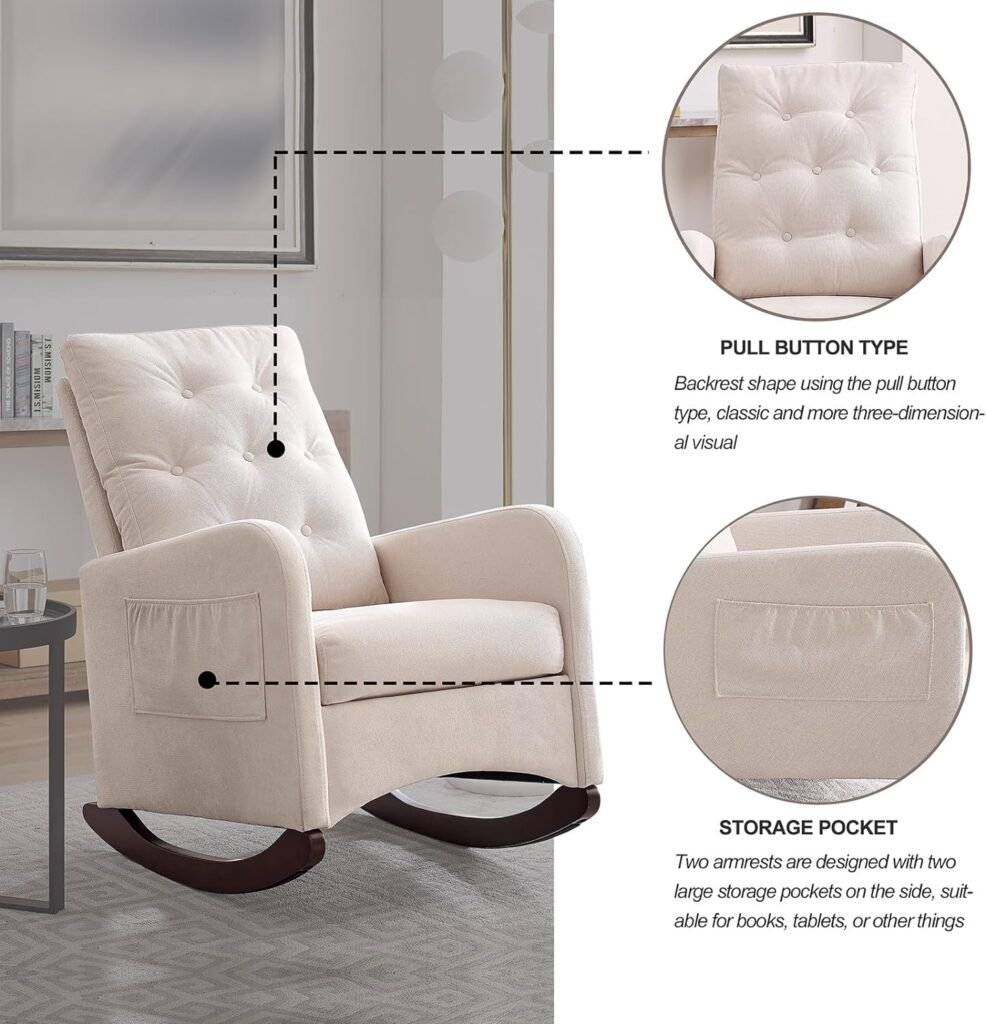 Nursery Rocking Glider Chair, Upholstered Accent Rocker Chair Modern Fabric Tall Back Rocker Armchair w/Two Side Pockets, Comfy Lounge Single Sofa Chair for Living Room, Hotel, Bedroom, Office, Beige