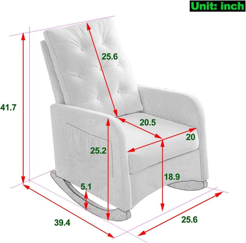 Nursery Rocking Glider Chair, Upholstered Accent Rocker Chair Modern Fabric Tall Back Rocker Armchair w/Two Side Pockets, Comfy Lounge Single Sofa Chair for Living Room, Hotel, Bedroom, Office, Beige