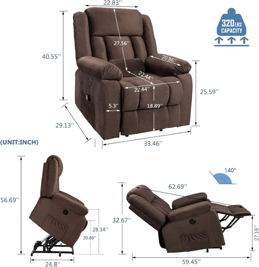 OBBOLLY Electric Power Lift Recliner Chair for Elderly with Massage and Heat, Soft Velvet Motorized Recliner Sofa for Living Room with Massage Remote Control, 3 Positions, USB Port and 2 Side Pockets