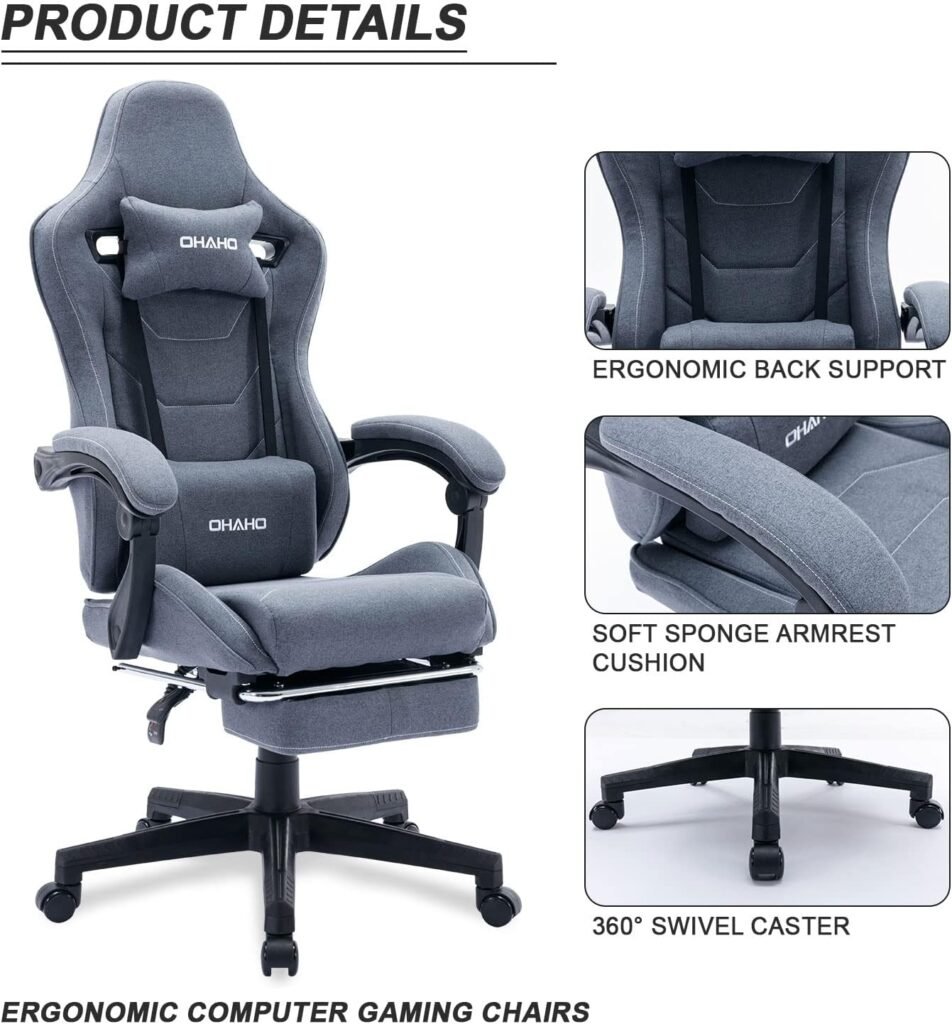 OHAHO Fabric Gaming Chair, Massage Cloth Video Game Chairs, PC Racing Chair with Footrest, Ergonomic Gamer Chairs, Adults Desk Gaming Chair Big and Tall, High Back Computer Gaming Swivel Chair (Blue)