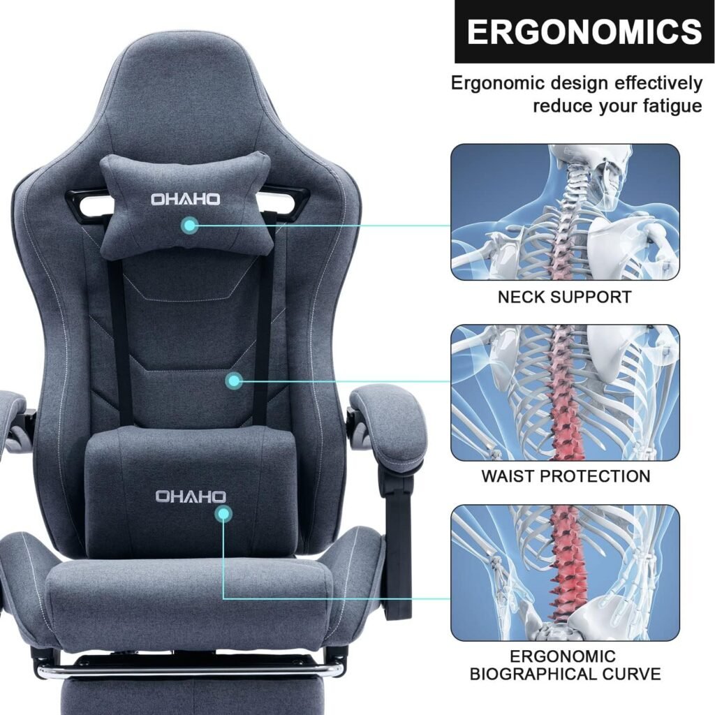 OHAHO Fabric Gaming Chair, Massage Cloth Video Game Chairs, PC Racing Chair with Footrest, Ergonomic Gamer Chairs, Adults Desk Gaming Chair Big and Tall, High Back Computer Gaming Swivel Chair (Blue)