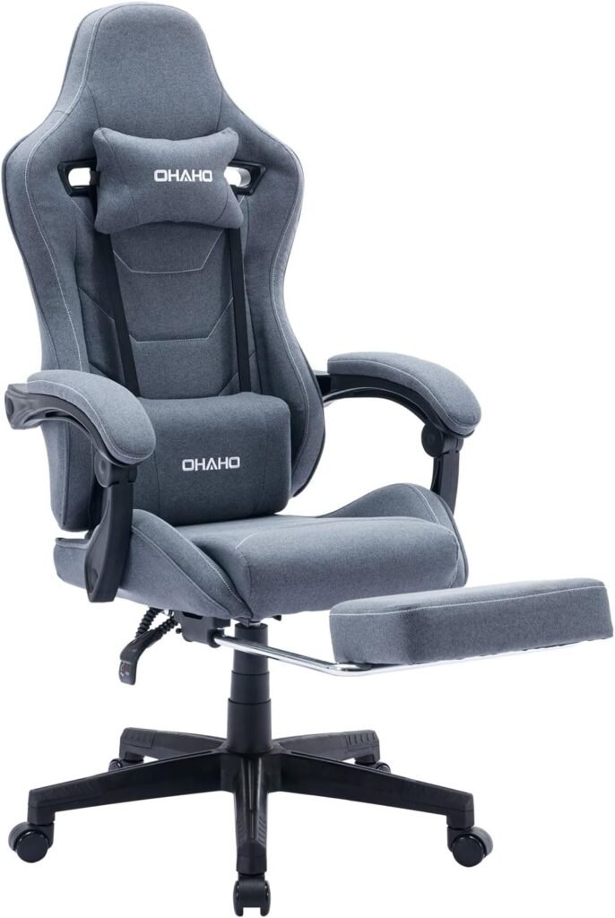 OHAHO Fabric Gaming Chair, Massage Cloth Video Game Chairs, PC Racing Chair with Footrest, Ergonomic Gamer Chairs, Adults Desk Gaming Chair Big and Tall, High Back Computer Gaming Swivel Chair (Blue)