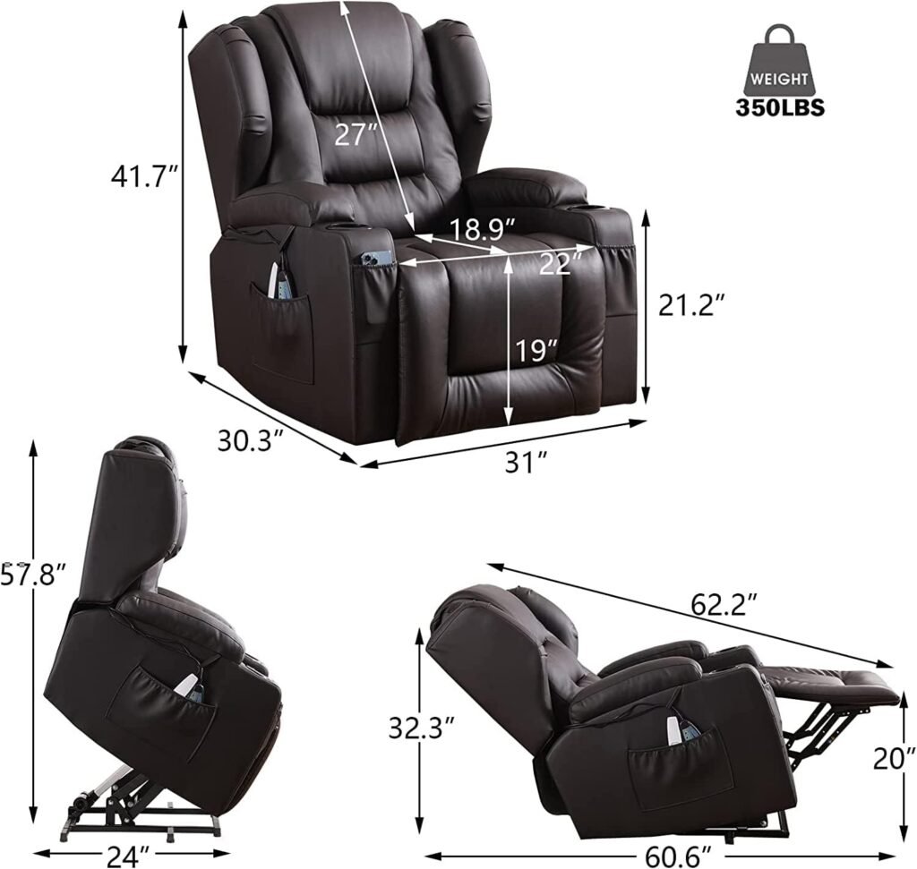 OQQOEE Electric Power Lift Recliner Chair for Elderly with Massage and Heat Vibration, 3 Positions, 2 Side Pockets, USB Ports for Home Living Room (Faux Leather, Brown)