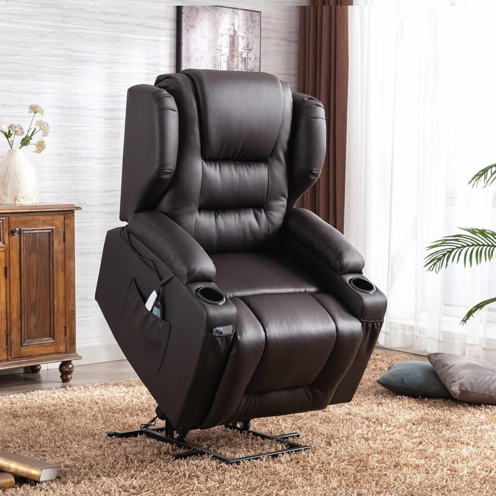 OQQOEE Electric Power Lift Recliner Chair for Elderly with Massage and Heat Vibration, 3 Positions, 2 Side Pockets, USB Ports for Home Living Room (Faux Leather, Brown)