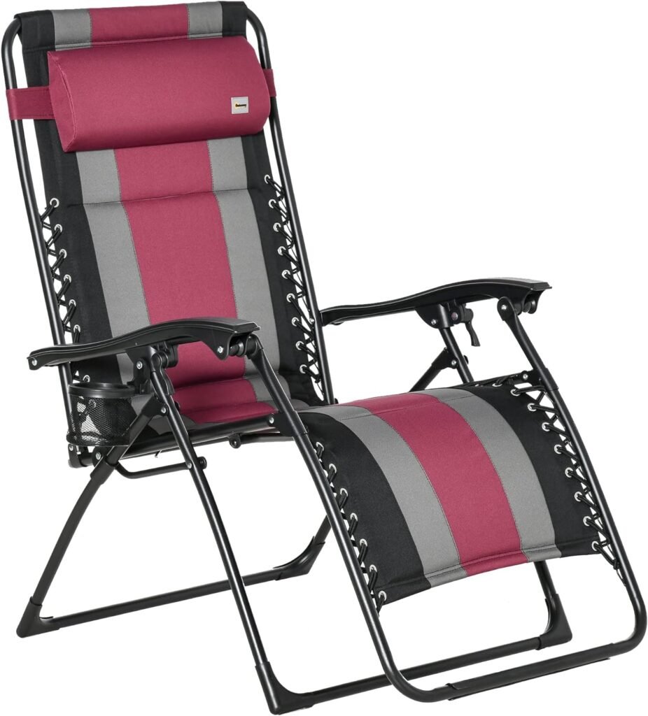 Outsunny XL Oversize Zero Gravity Recliner, Padded Patio Lounger Chair, Folding Chair with Adjustable Backrest, Cup Holder, and Headrest for Backyard, Poolside, Lawn, Striped, Wine Red