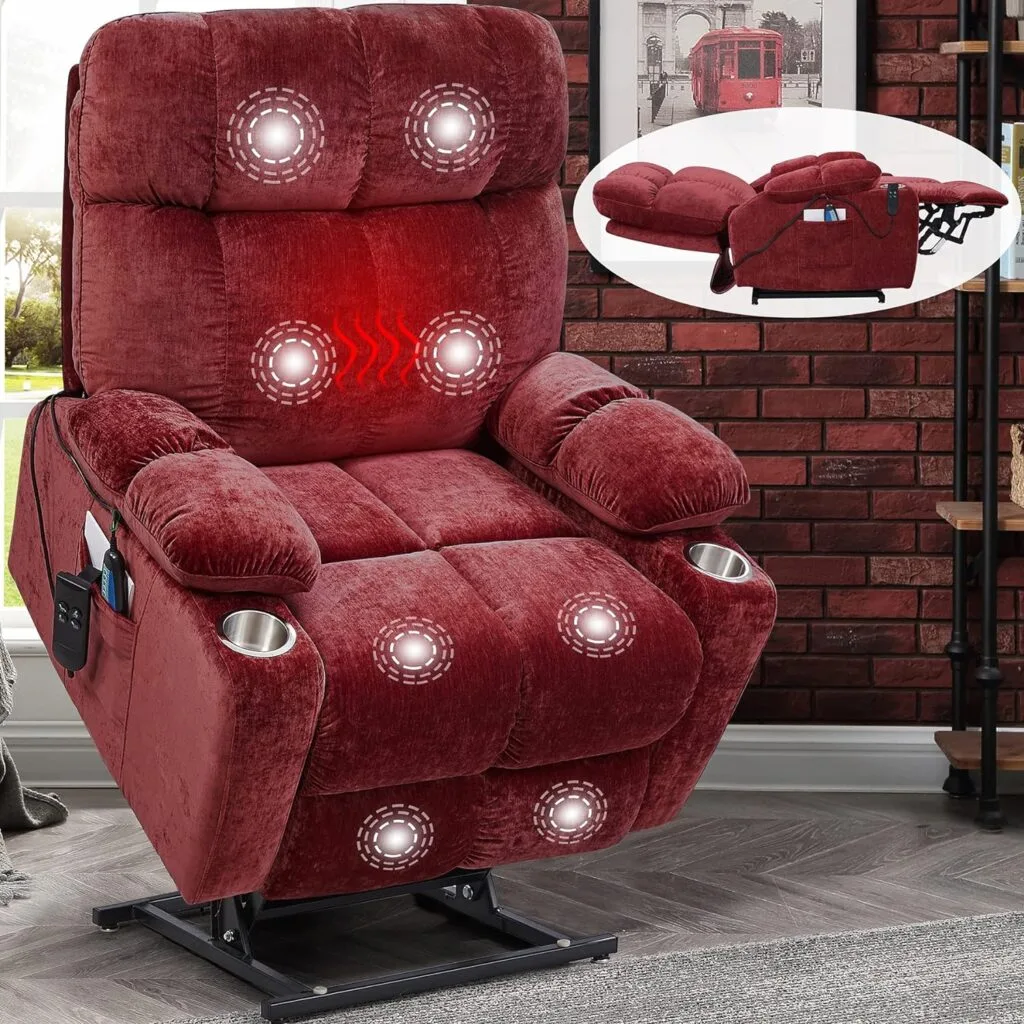 Plococo Lay Flat Sleeping Dual OKIN Motor Lift Recliner Chair with Heat Massage for Elderly,Infinite Position Soft Fabric Power Electric Recliner Sofa Chair for Living Room, Brown