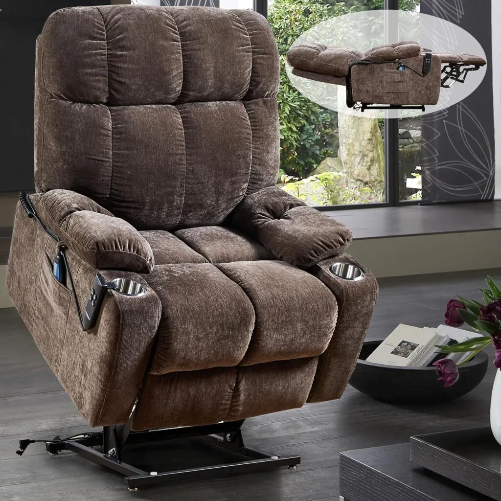 Plococo Lay Flat Sleeping Dual OKIN Motor Lift Recliner Chair with Heat Massage for Elderly,Infinite Position Soft Fabric Power Electric Recliner Sofa Chair for Living Room, Brown