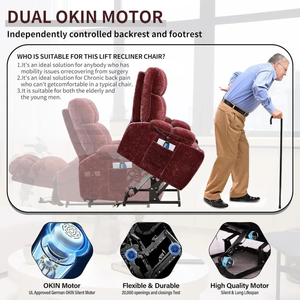 Plococo Lay Flat Sleeping Dual OKIN Motor Lift Recliner Chair with Heat Massage for Elderly,Infinite Position Soft Fabric Power Electric Recliner Sofa Chair for Living Room, Brown