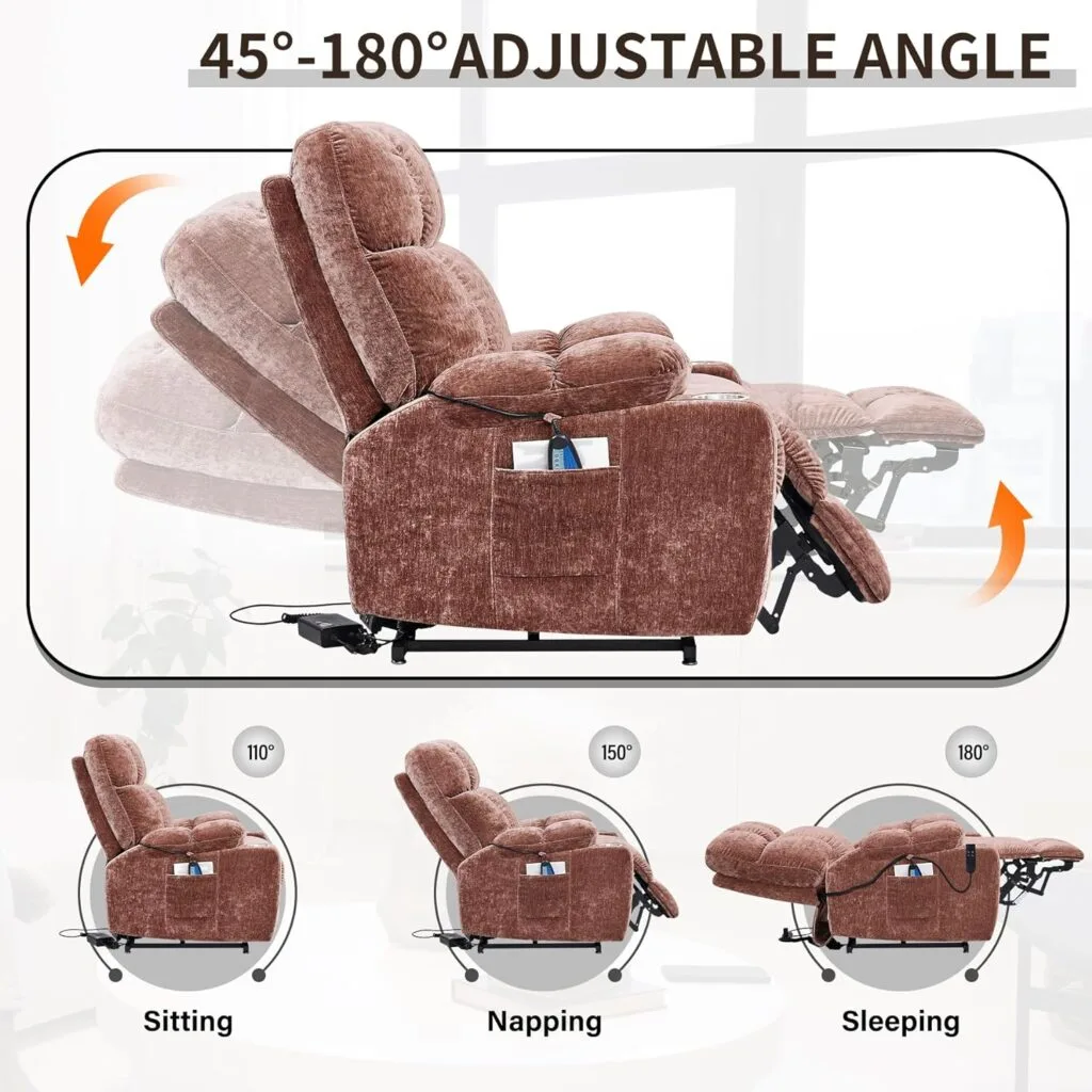 Plococo Lay Flat Sleeping Dual OKIN Motor Lift Recliner Chair with Heat Massage for Elderly,Infinite Position Soft Fabric Power Electric Recliner Sofa Chair for Living Room, Brown