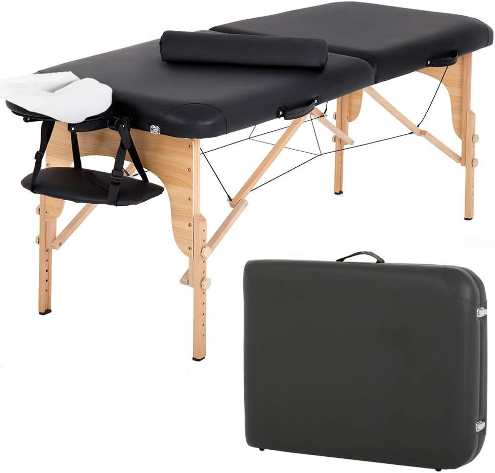 Portable Massage Table Massage Bed Spa Bed 73” L 28”W Height Adjustable Massage Table with Bolsters Carry Case 2 Fold Portable Salon Bed (Black)