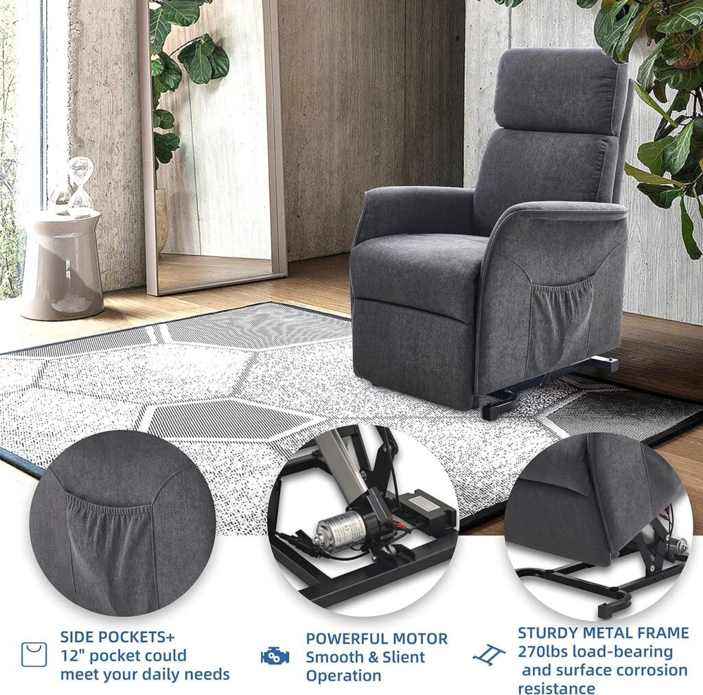 Power Lift Recliner Chair with Massage and Heating Functions for Elderly, 3 Positions, 2 Side Pockets, Fabric, Gray