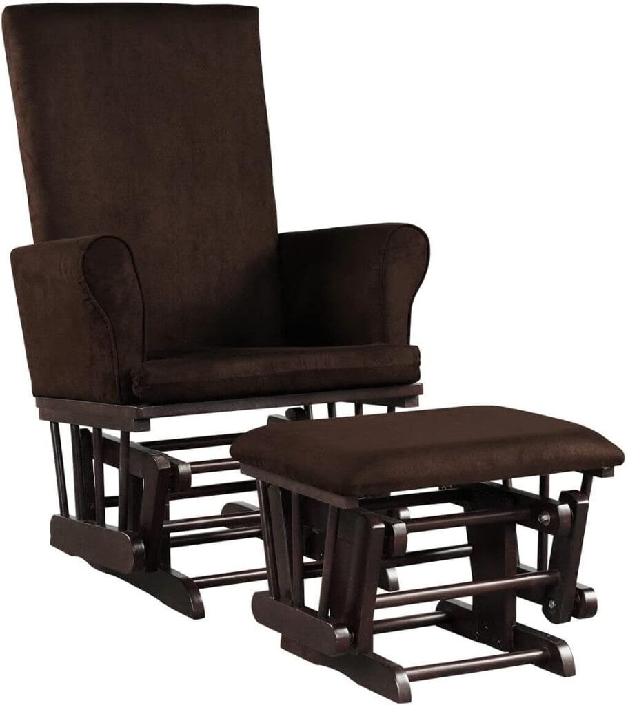 Premium Comfort Practical Rocking Chair Solid Wood Construction, Incredibly Smooth Quiet Gliding Baby Nursery Relax Chair Glider Ottoman Set with Cushion Brown