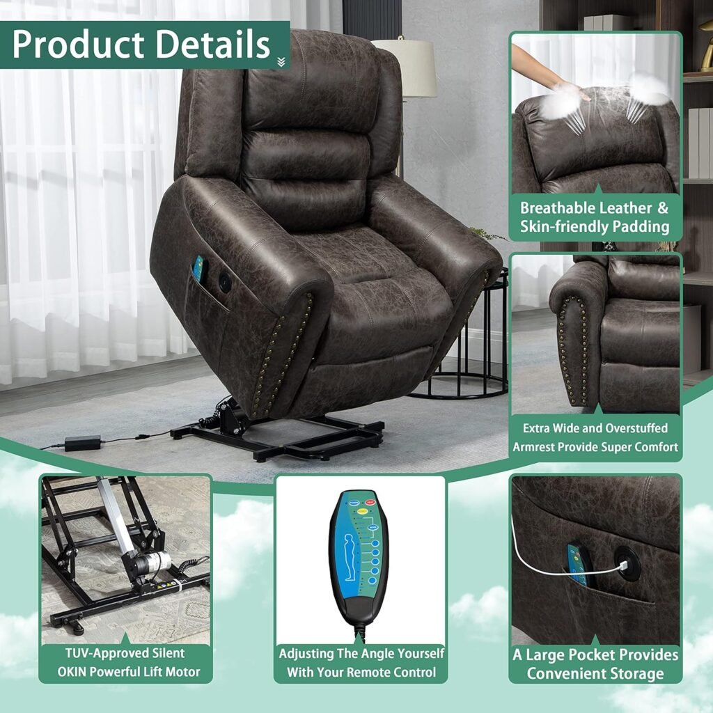 PUG258Y Electric Lift Recliner for Senior: Breathable Leather Lift Chair with Heat and Massage, Rivet Lays Flat Chairs with 2 Side Pockets, OKIN Motor,1 Remote Control - Marble Gray