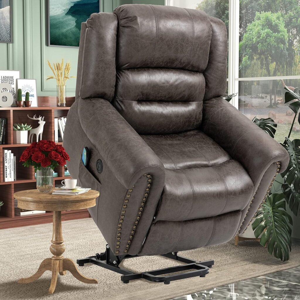 PUG258Y Electric Lift Recliner for Senior: Breathable Leather Lift Chair with Heat and Massage, Rivet Lays Flat Chairs with 2 Side Pockets, OKIN Motor,1 Remote Control - Marble Gray