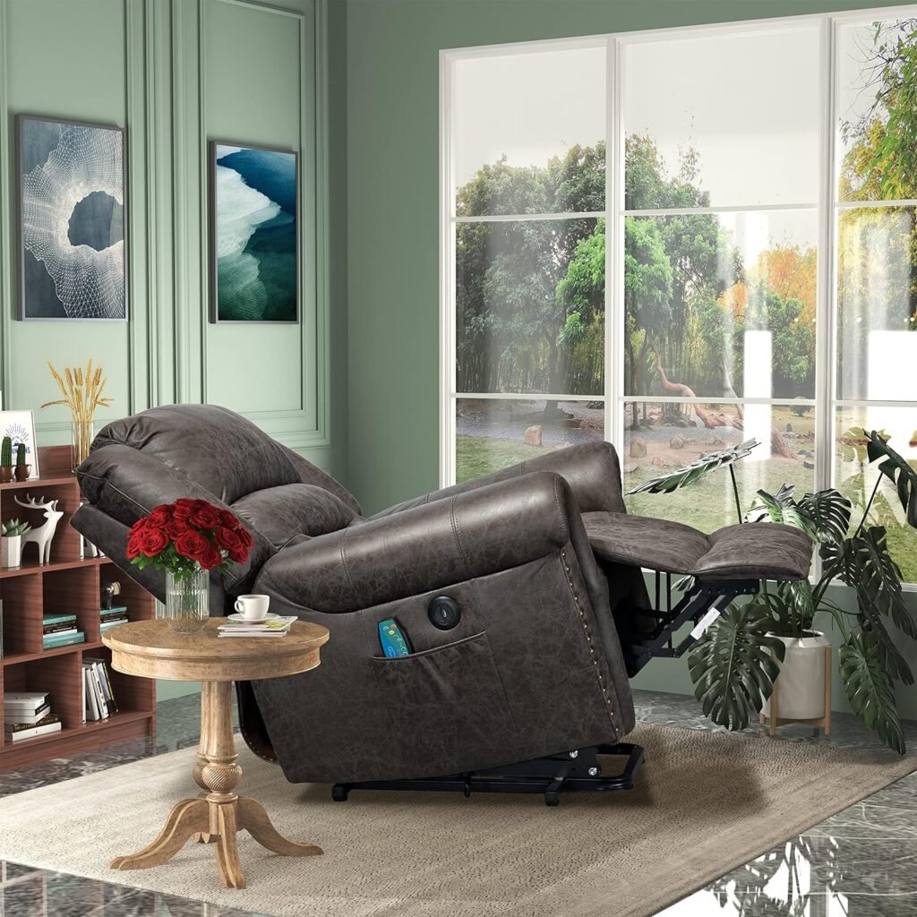 PUG258Y Electric Lift Recliner for Senior: Breathable Leather Lift Chair with Heat and Massage, Rivet Lays Flat Chairs with 2 Side Pockets, OKIN Motor,1 Remote Control - Marble Gray