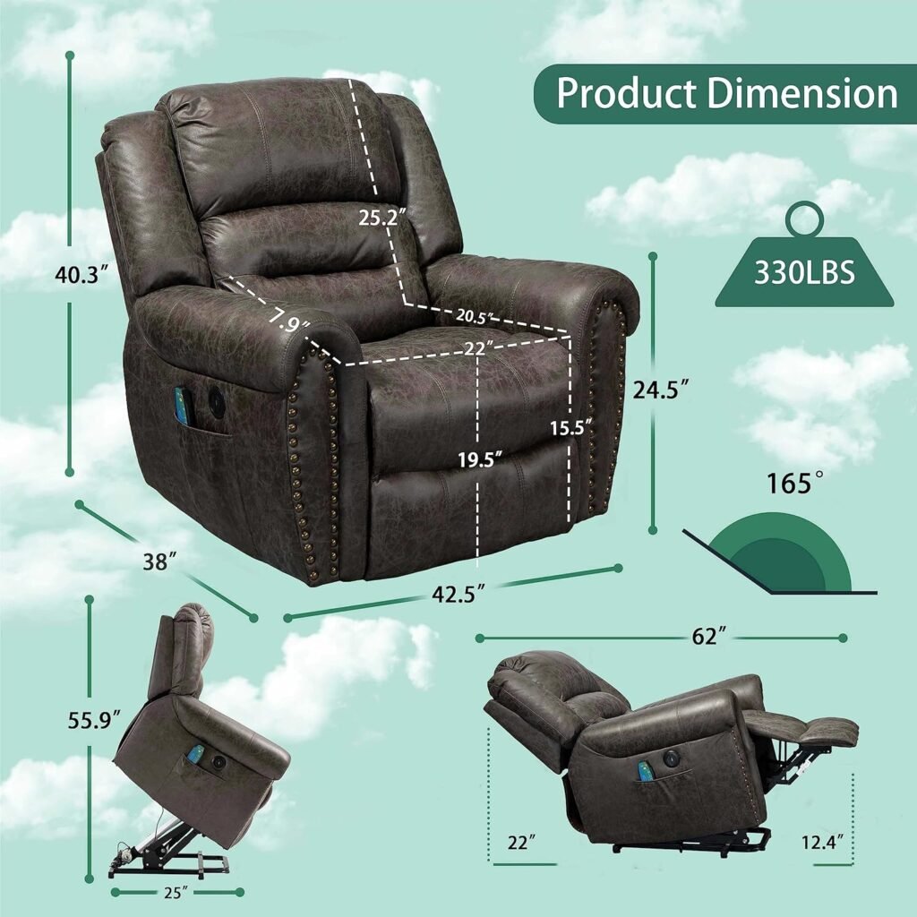 PUG258Y Electric Lift Recliner for Senior: Breathable Leather Lift Chair with Heat and Massage, Rivet Lays Flat Chairs with 2 Side Pockets, OKIN Motor,1 Remote Control - Marble Gray