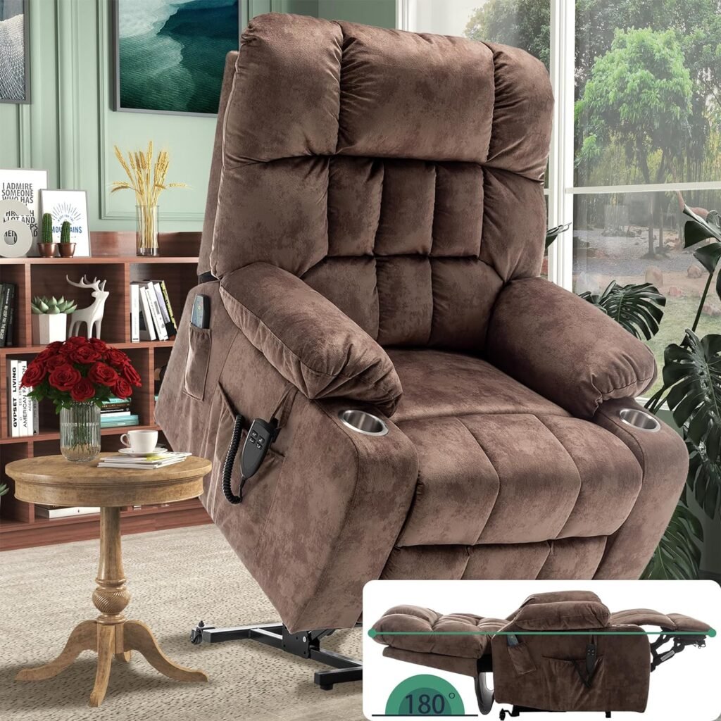 PUG258Y Lift Recliner for Big and Tall Seniors: 9688Plus Lay Flat, Sea Island Cotton Lift Chair with Heat and Massage, Reclining to 180, 2 Pockets Cup Holders, Dual OKIN Motors - Fabric - Brown Camo