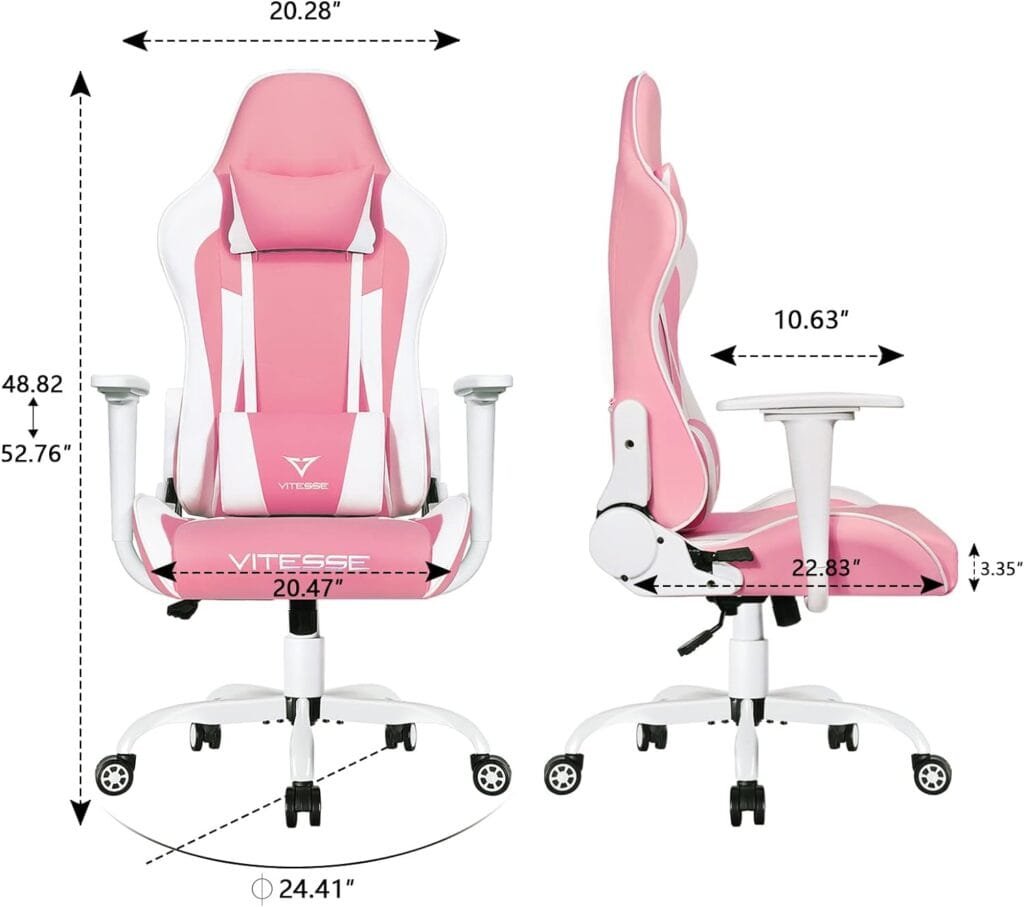 PUKAMI Pink Cute Kawaii Gaming Chair for Girl Ergonomic Desk Racing Office Adjustable High Back Game Swivel Leather Chair with Lumbar Support and Headrest