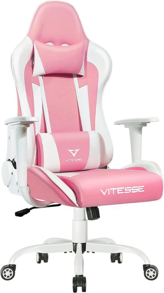 PUKAMI Pink Cute Kawaii Gaming Chair for Girl Ergonomic Desk Racing Office Adjustable High Back Game Swivel Leather Chair with Lumbar Support and Headrest