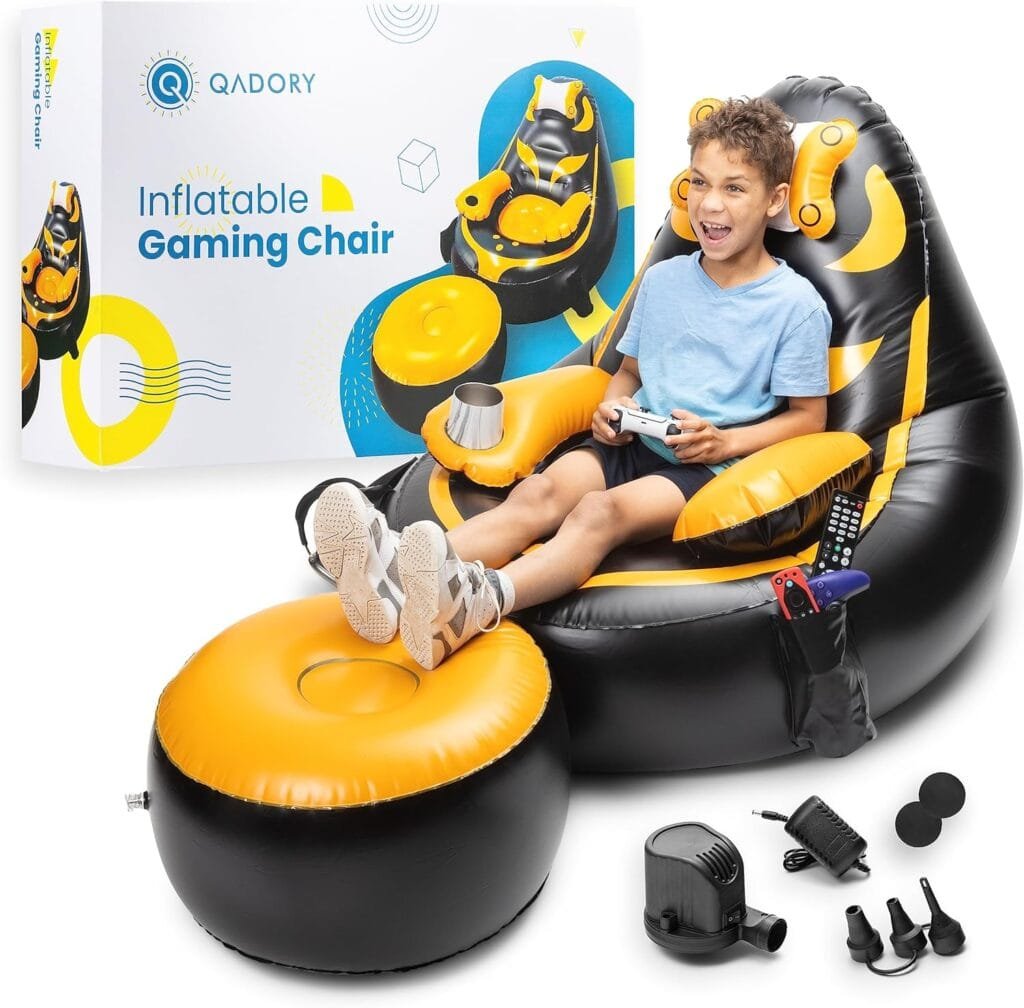 Qadory Gaming Chair for Kids, Inflatable Chair for Kids with Cup Holder and Sides Pocket- Kids Gaming Chair with Head and Armrest- Game Chair for Kids with Airpump- Gaming Chair Kids