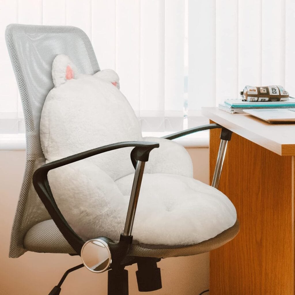 QYA Computer Chair Cushion White, Cute Seat Cushion with Backrest Non-Slip, Kawaii Chair Pillow for Gamer Chair, Comfy Chair Cushion for Bedroom (32x 18, White Bunny)